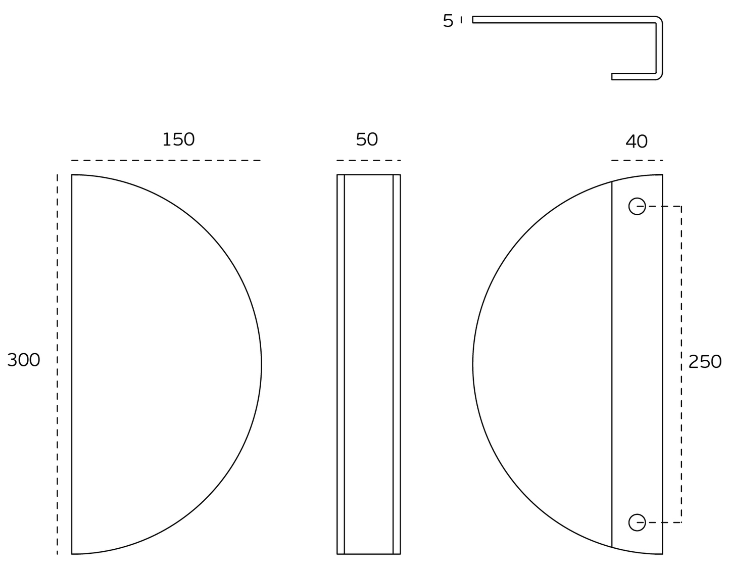 Black specification line drawing of the Antique Brass Half Moon Pull Handle on a white background.