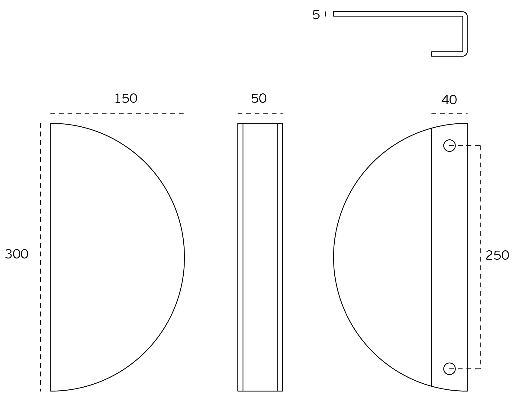 Black specification line drawing of the Antique Brass Half Moon Pull Handle on a white background.