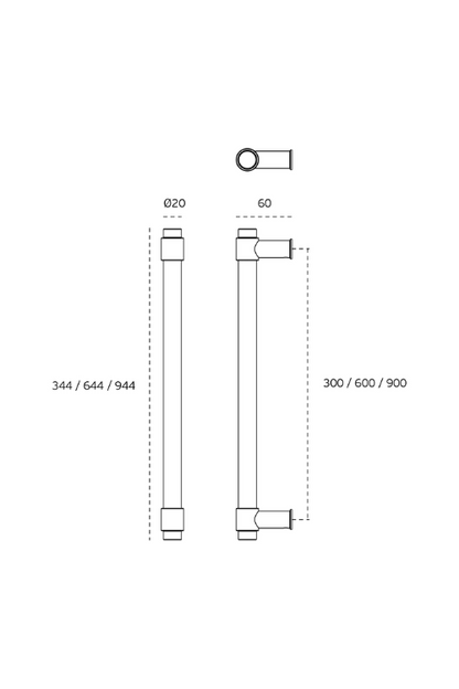 Black line drawing showing measurements for all three lengths of the Brooklyn Pull Handle. It has a white background.