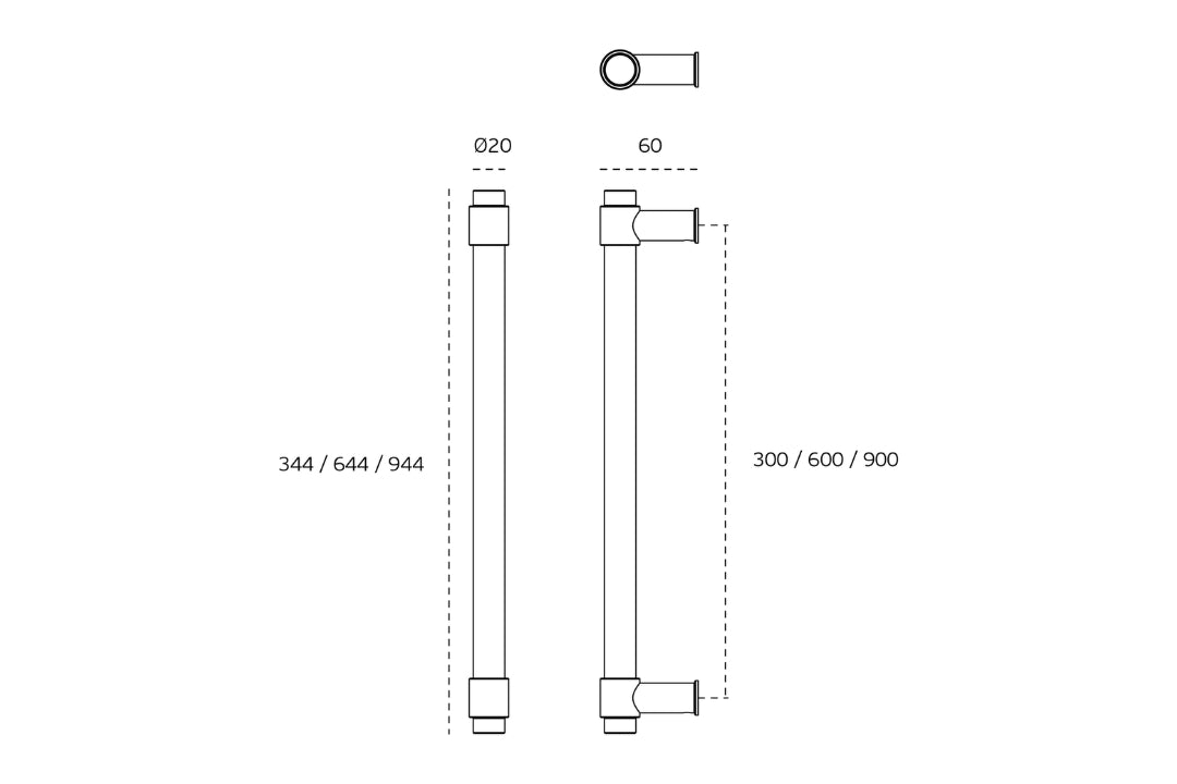 Specification drawing with measurements of the JNF Brooklyn Titanium Black Pull Handle.
