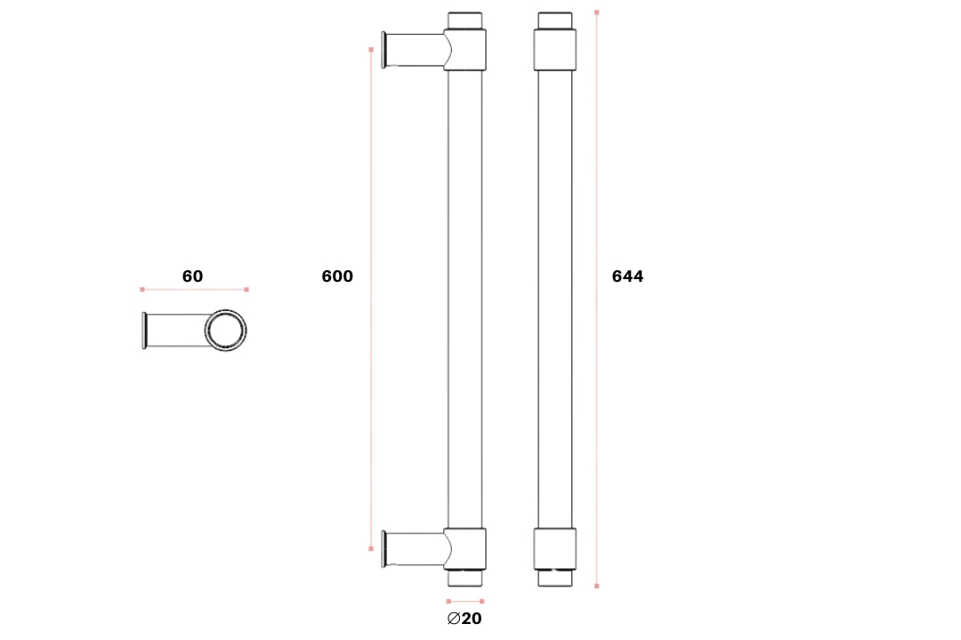 Architectural specification drawing with measurements of the IN.07.145.W Brooklyn White Pull Handle Pair 600mm on a white background.