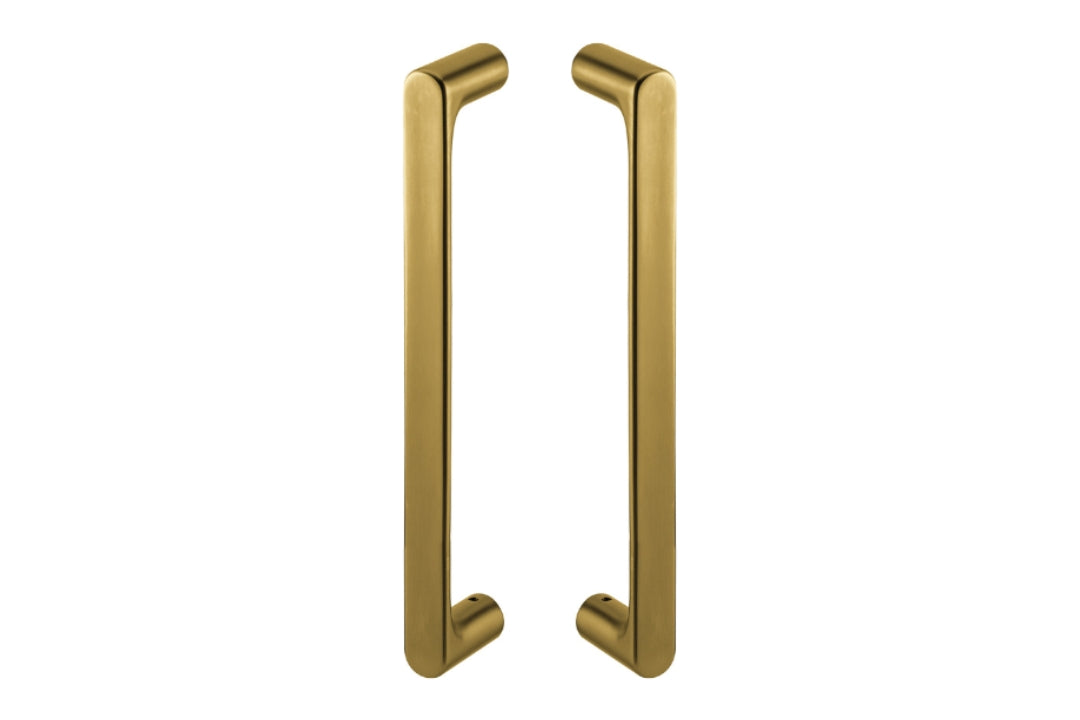 Product image of the Yokohama Satin Brass Pull Handles as a pair on a white background.