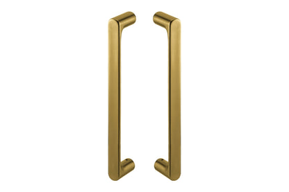 Product image of the Yokohama Satin Brass Pull Handles as a pair on a white background.