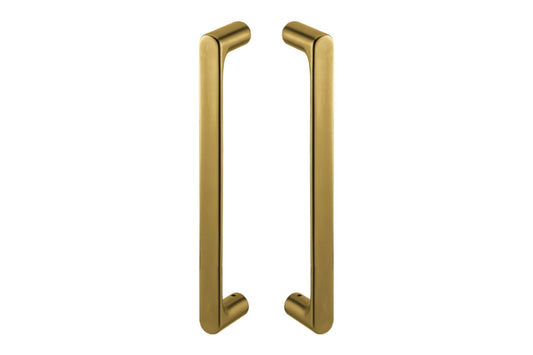 Product image of the Yokohama Satin Brass Pull Handles as a pair on a white background.