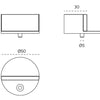 Black specification line drawing with measurements of the Brushed Chrome Modern Oval Door Stop on a white background.