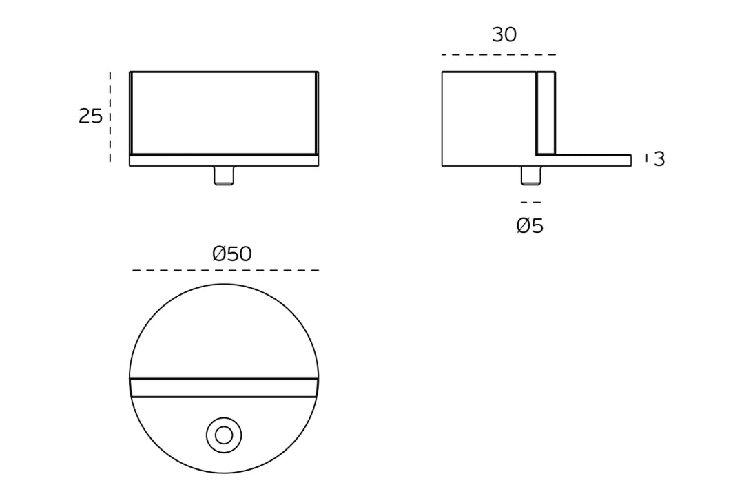 Black specification line drawing with measurements of the Brushed Chrome Modern Oval Door Stop on a white background.