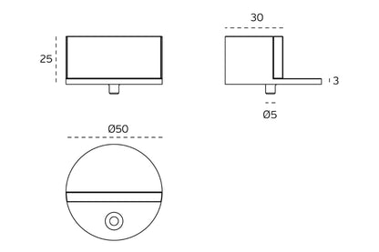 Black specification line drawing with measurements of the Brushed Chrome Modern Oval Door Stop on a white background.