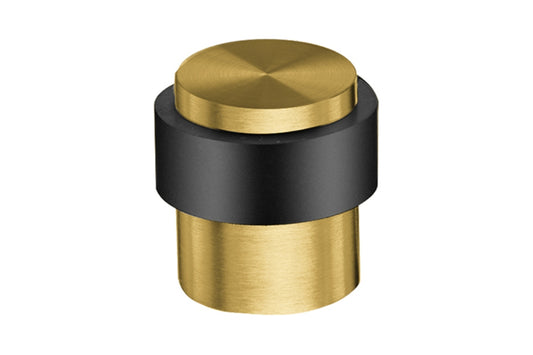 Product picture of the Satin Brass Door Stop Round Floor on a white background.