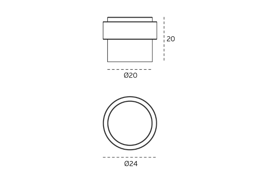 Black specification line drawing with measurements of the Titanium Copper Door Stop Round Floor on a white background.
