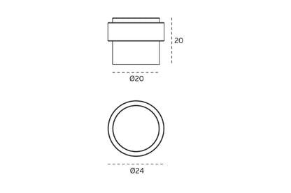 Black architectural line drawing with measurements of the Satin Stainless Steel Door Stop Round Floor on a white background.