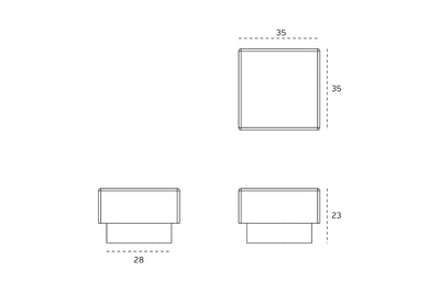 Black architectural line drawing with measurements of the Satin Stainless Steel Square Floor Door Stop on a white background.