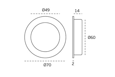 Black specification line drawing of the Satin Brass Flush Pull 70mm by Architectural Choice on a white background.