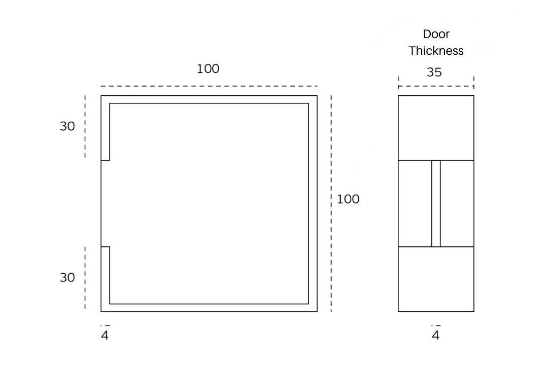 Black architectural line drawing with measurements of the Antique Brass Pocket Door Flush Pull 100mm for a 35mm door on a white background.