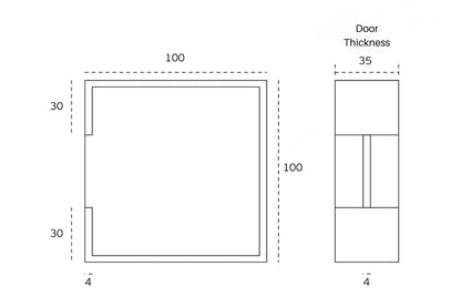 Black architectural line drawing with measurements of the Antique Brass Pocket Door Flush Pull 100mm for a 35mm door on a white background.