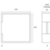Black architectural line drawing with measurements of the Titanium Copper Pocket Door Flush Pull 100mm for a 35mm door on a white background.