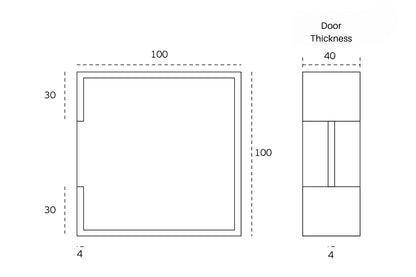 Black architectural line drawing with measurements of the Stainless Steel Pocket Door Flush Pull 100mm for a 40mm door on a white background.