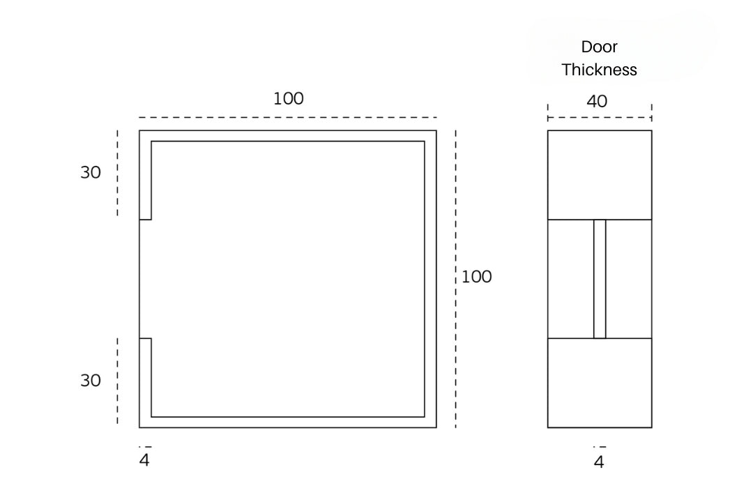 Black architectural line drawing with measurements of the Matt Black Pocket Door Flush Pull 100mm for a 40mm door on a white background.