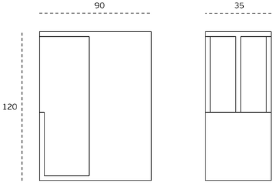 Black architectural line drawing with measurements of the Satin Stainless Pocket Flush Pull 120mm to suit 35mm doors on a white background.