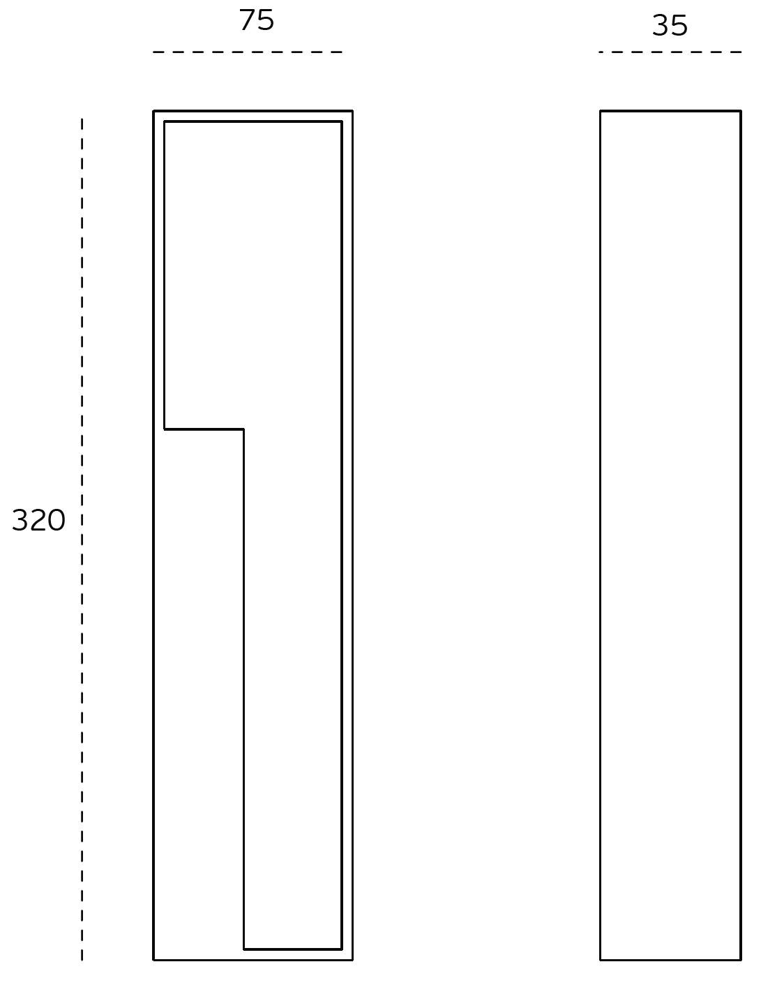 Black architectural line drawing with measurements of the Satin Stainless Pocket Flush Pull 320mm to suit 35mm doors on a white background.