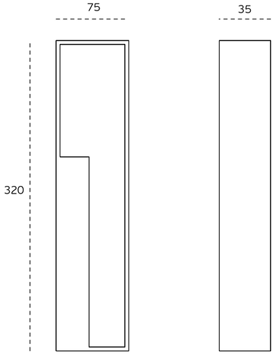 Black architectural line drawing with measurements of the Satin Stainless Pocket Flush Pull 320mm to suit 35mm doors on a white background.