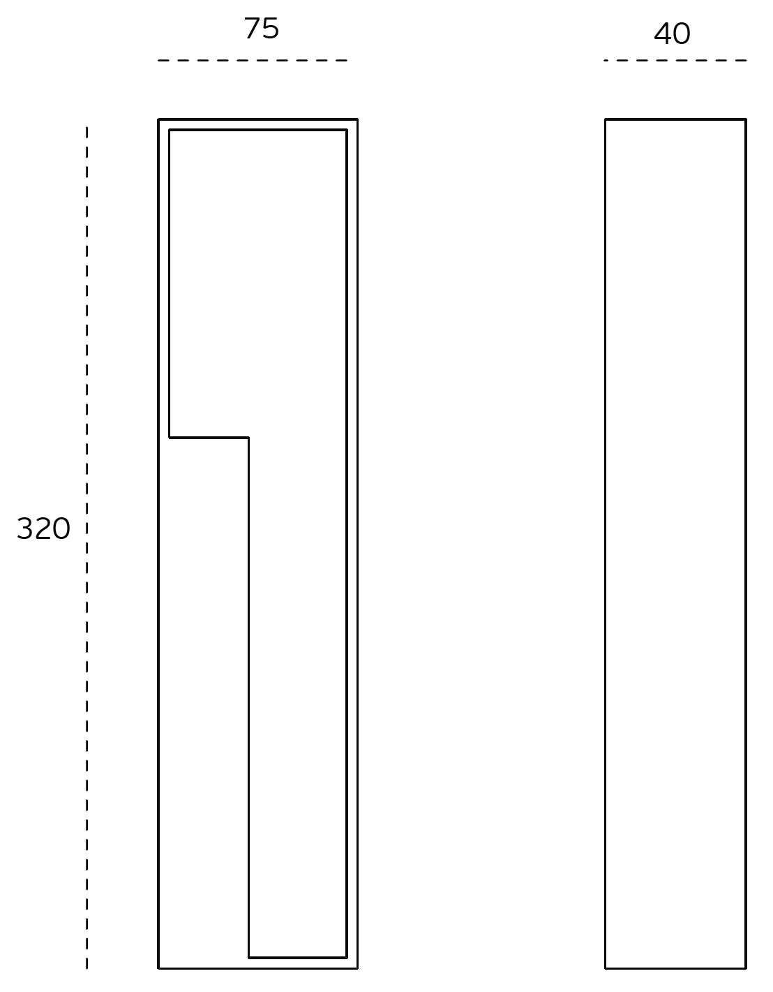 Black architectural line drawing with measurements of the Satin Stainless Pocket Flush Pull 320mm to suit 40mm doors on a white background.
