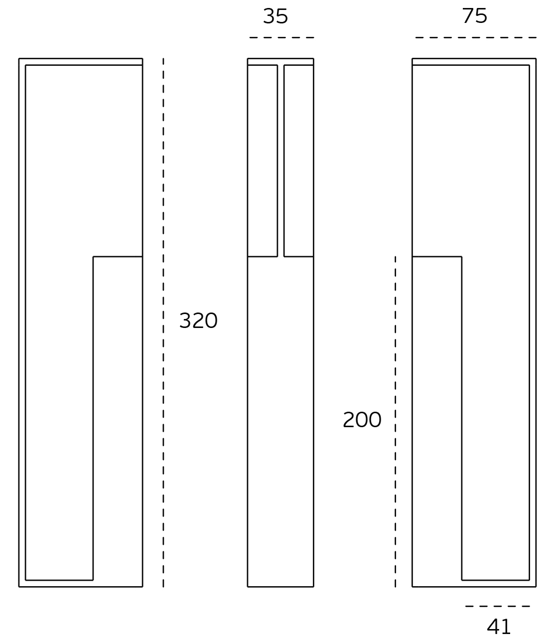 Black architectural line drawing with measurements of the Satin Stainless Pocket Flush Handle 320mm to suit 35mm doors on a white background.