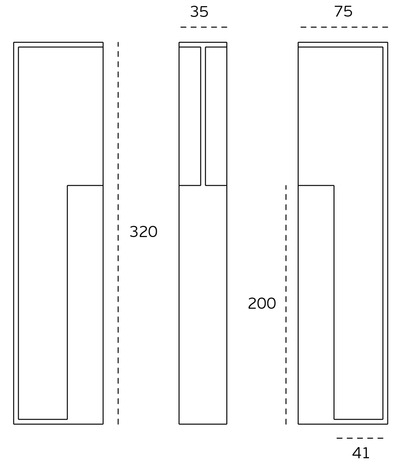 Black architectural line drawing with measurements of the Satin Stainless Pocket Flush Handle 320mm to suit 35mm doors on a white background.