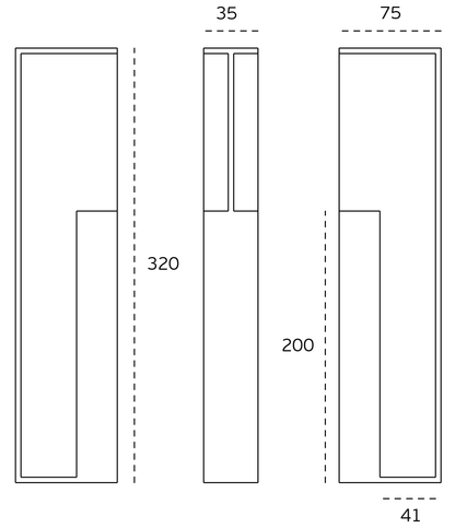 Black architectural line drawing with measurements of the Satin Stainless Pocket Flush Handle 320mm to suit 35mm doors on a white background.