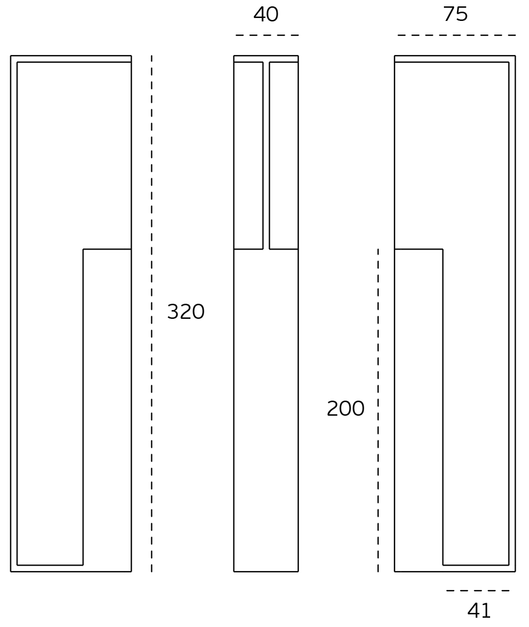 Black architectural line drawing with measurements of the Satin Stainless Pocket Flush Handle 320mm to suit 40mm doors on a white background.