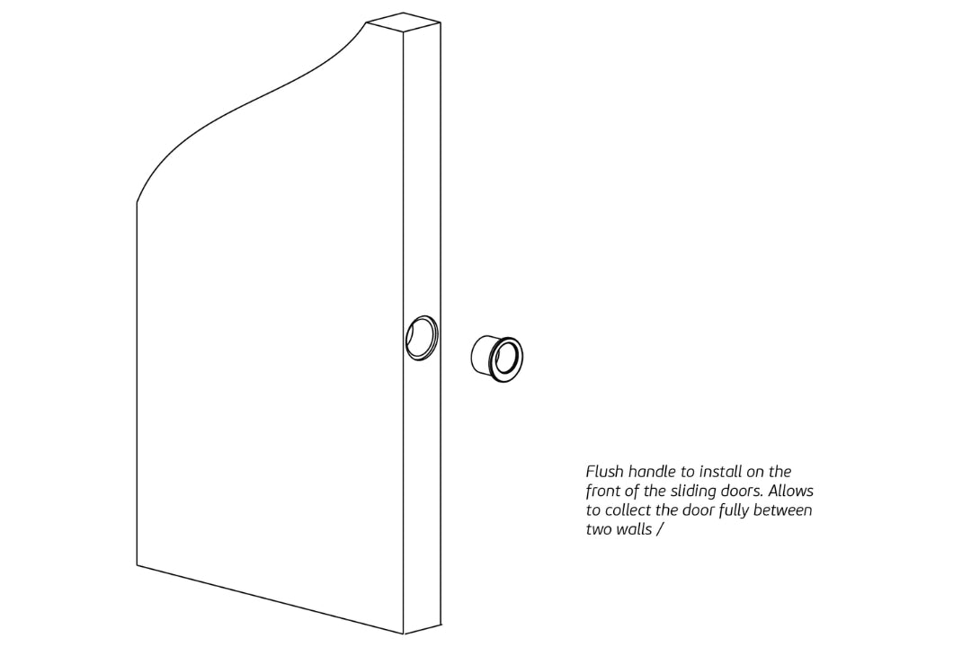 Line drawing of a sliding door handle installation on a white background