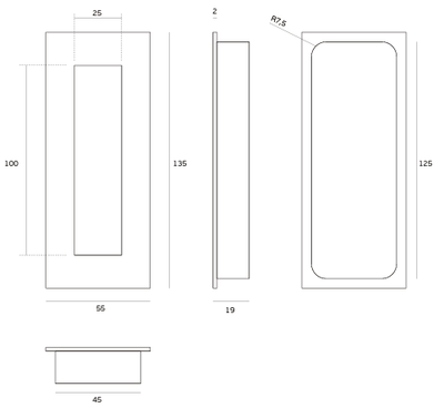 Black line drawing of the Brushed Chrome Flush Pull 135mm by Architectural Choice on a white background.