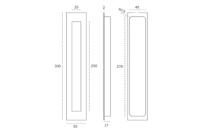 Black specification drawing of the Satin Stainless Steel Flush Pull 300mm by Architectural Choice on a white background.