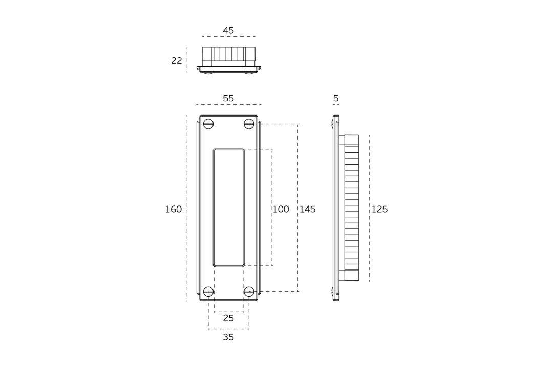 Specification drawing of the Art Deco Flush Pull Handle 160mm — geometric designer handle by Christian Magalhães on a white background.