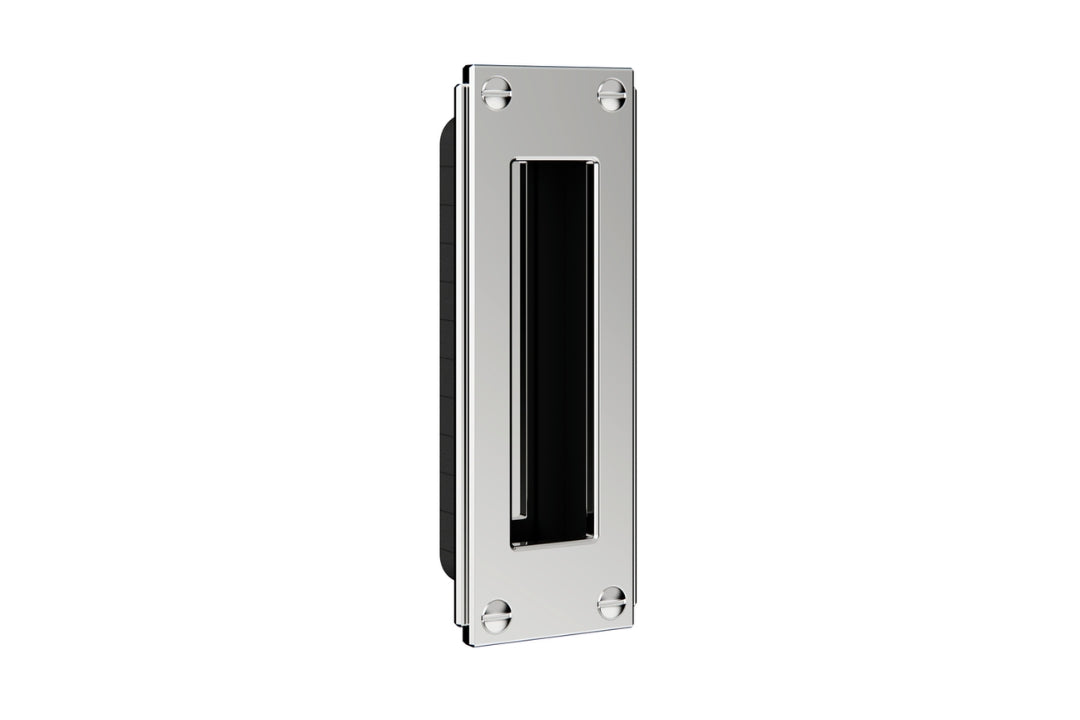 Art Deco Flush Pull Handle 160mm in Polished Stainless — geometric designer handle by Christian Magalhães on a white background.