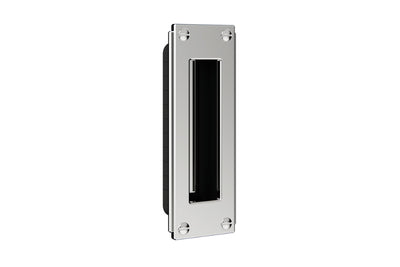 Art Deco Flush Pull Handle 160mm in Polished Stainless — geometric designer handle by Christian Magalhães on a white background.