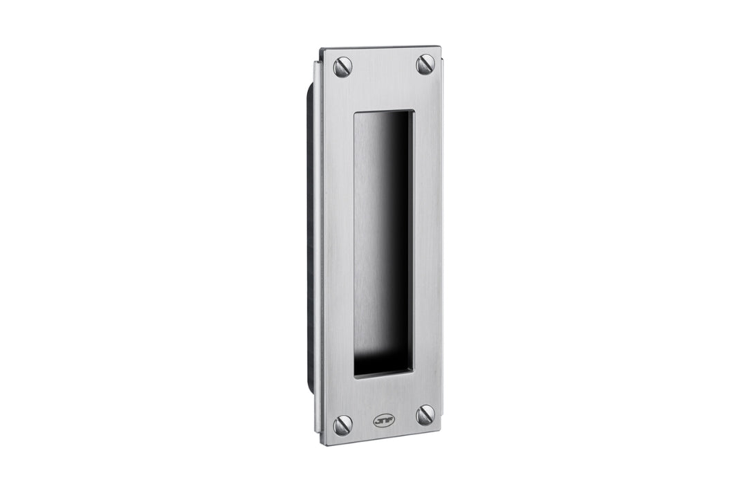 Art Deco Flush Pull Handle 160mm in Satin Stainless — geometric designer handle by Christian Magalhães on a white background.