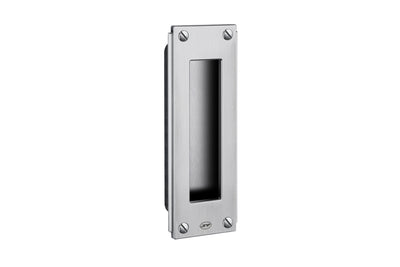 Art Deco Flush Pull Handle 160mm in Satin Stainless — geometric designer handle by Christian Magalhães on a white background.