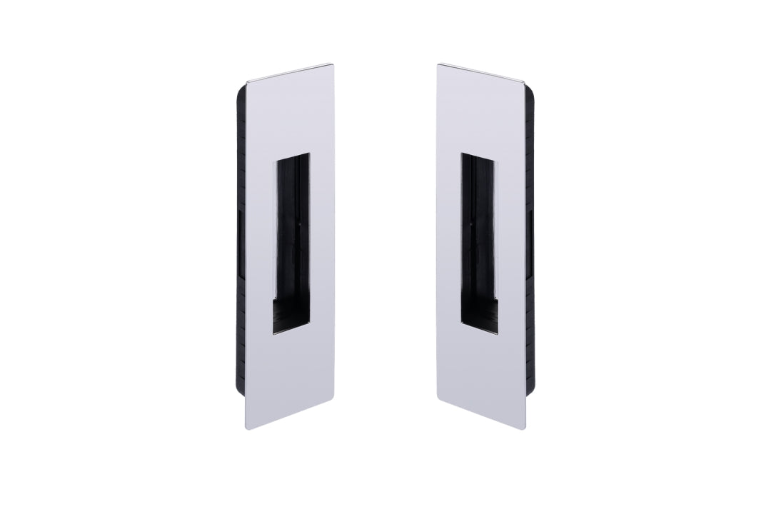 Set of polished flush pulls on a white background.