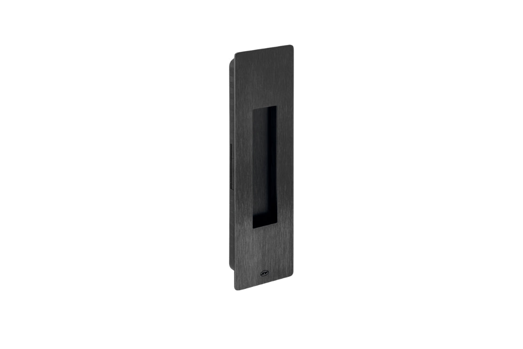 Black rectangular door handle on a white background