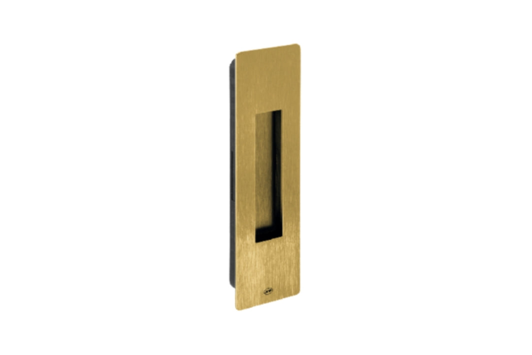 Product picture of the Satin Brass Rectangle Flush Pull 210mm on a white background.