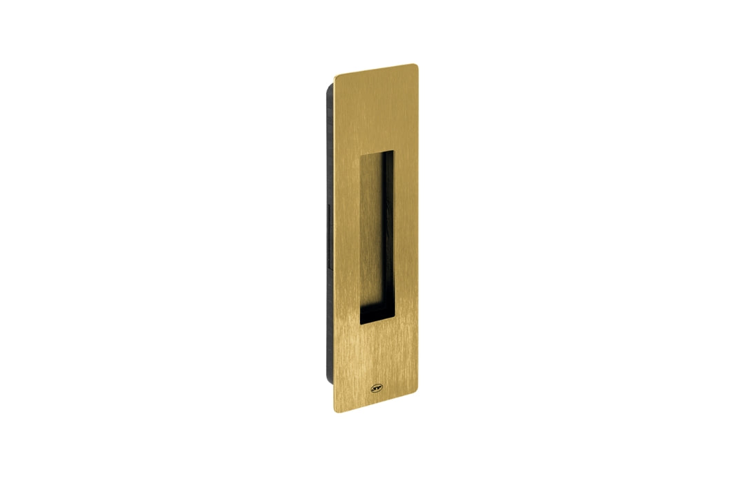 Gold rectangular door handle on a white background