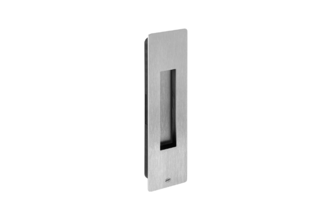 Product picture of the Brushed Chrome Rectangle Flush Pull 210mm on a white background.