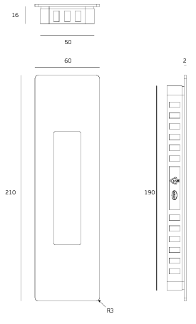 Black specification line drawing for the 210mm Rectangle Flush Pull on a white background.