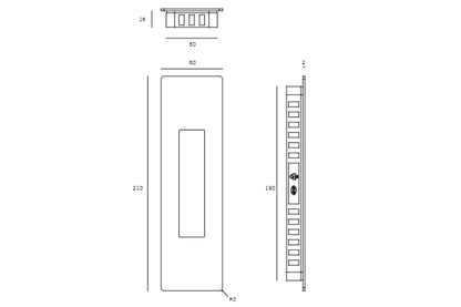 Black specification line drawing for the 210mm Rectangle Flush Pull on a white background.