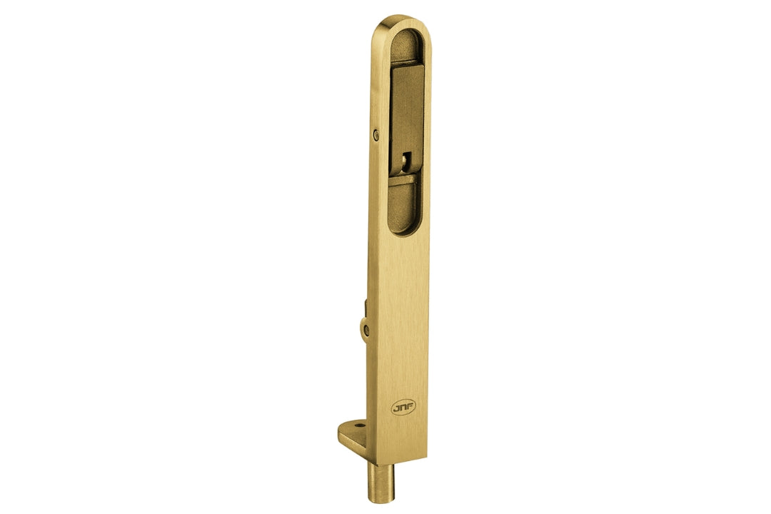 Product picture of the IN.17.604.TG Heavy Duty Satin Brass Flush Bolt on a white background.