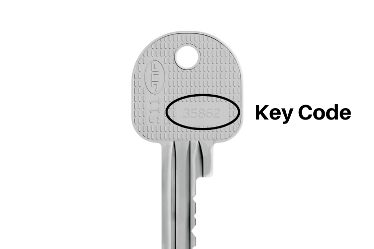 Picture of an S11 Euro Cylinder Key in stainless steel on a white background with the code circled in black and "Key Code" written next to it, letting customers know where to find their specific key code.