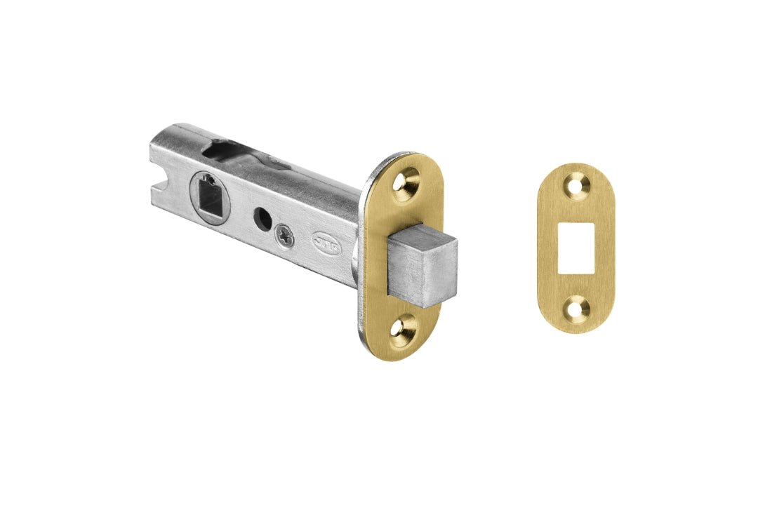 Product picture of the JNF Satin Brass Privacy Bolt on a white background.