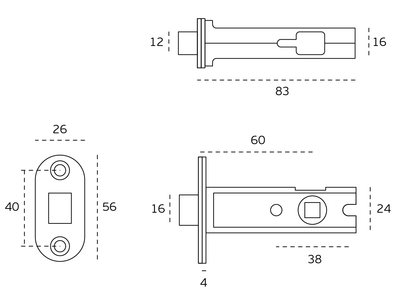 Black specification line drawing of the Brushed Chrome Privacy Bolt by Architectural Choice on a white background.