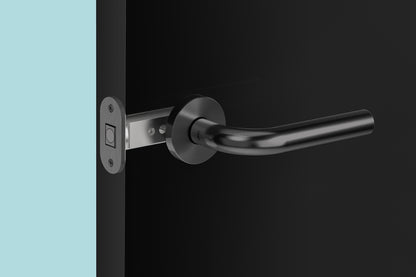 Insitu image of the IN.20.153.TB matt black tube latch on a black door with a generic matt black lever handle installed.