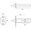 Black architectural line drawing with measurements of the matt black magnetic tube latch on a white background.